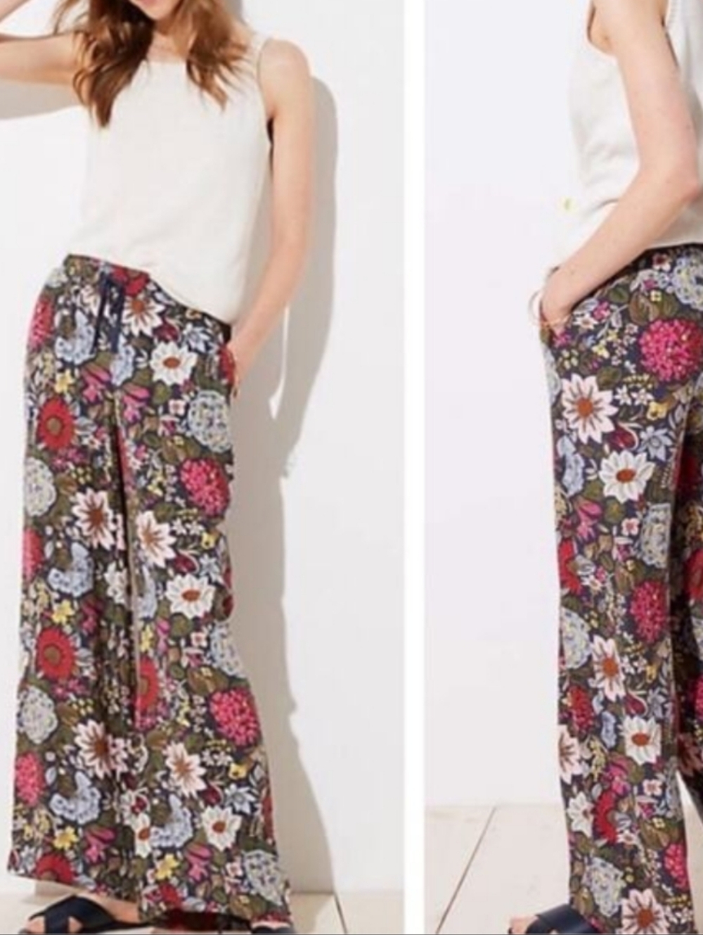 Wide Leg Elastic Drawstring Floral Garden Multicolor Palazzo Pants with Pockets - Picture 2 of 12